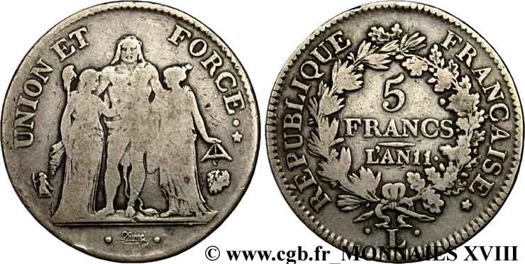 5 francs Union et Force, Union serré, seulement glands intérieurs 1803 Bayonne F.288/194 TB 