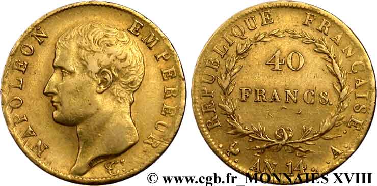 40 francs or, Napoléon tête nue, calendrier révolutionnaire 1805 Paris F.537/2 XF 
