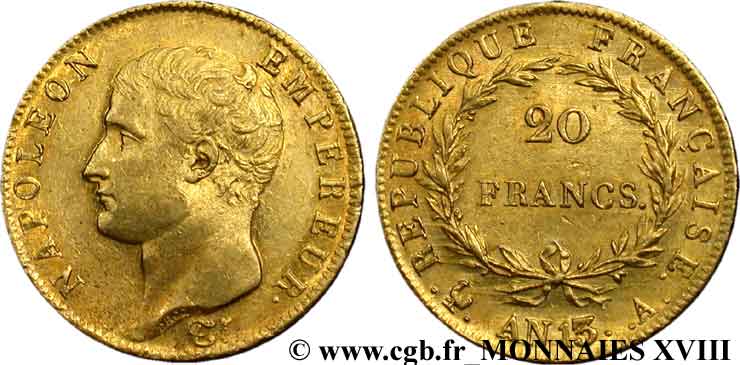 20 francs Napoléon tête nue, calendrier révolutionnaire 1805 Paris F.512/1 SUP 