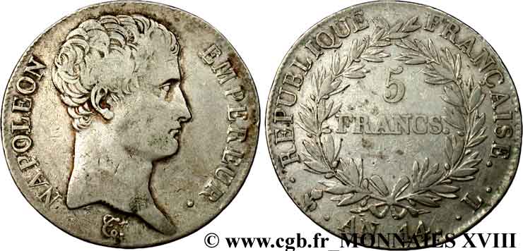 5 francs Napoléon empereur, calendrier révolutionnaire 1805 Bayonne F.303/25 VF 