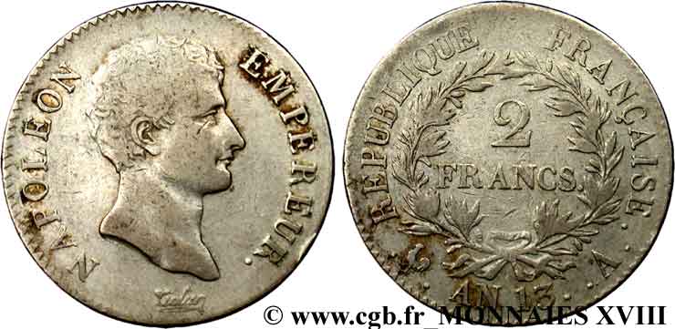 2 francs Napoléon empereur, calendrier révolutionnaire 1805 Paris F.251/12 TB 