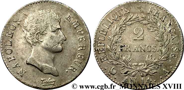 2 francs Napoléon empereur, calendrier révolutionnaire 1805 Paris F.251/27 TB 