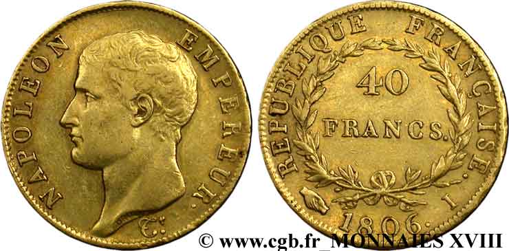 40 francs or Napoléon tête nue, calendrier grégorien 1806 Limoges F.538/2 XF 