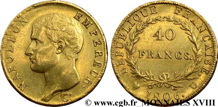40 francs or Napoléon tête nue, calendrier grégorien 1806 Turin F.538/4 AU 