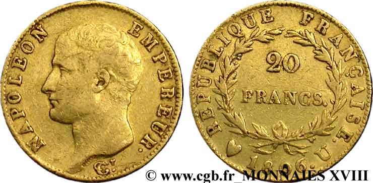 20 francs Napoléon tête nue, calendrier grégorien 1806 Turin F.513/4 XF 