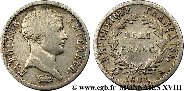 Demi-franc Napoléon empereur, “tête de nègre” 1807 Paris F.176/1 VF 