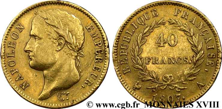 40 francs Napoléon Ier tête laurée, République française 1807 Paris F.540/1 SS 
