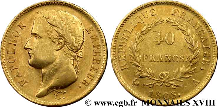 40 francs Napoléon Ier tête laurée, République française 1808 Paris F.540/2 TTB 