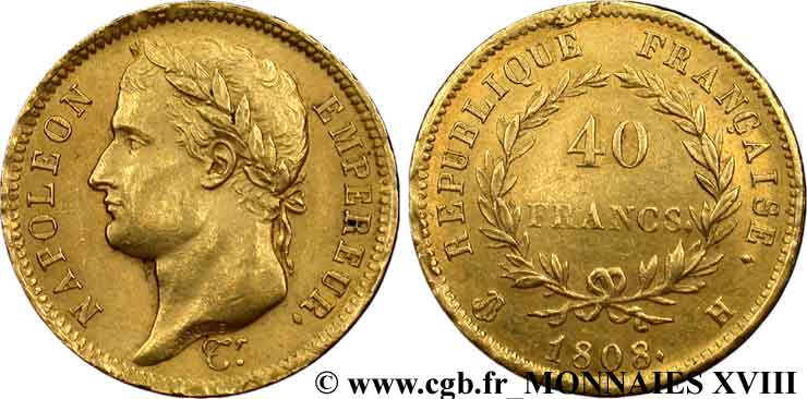 40 francs or Napoléon tête laurée, République française 1808 La Rochelle F.540/3 SUP 
