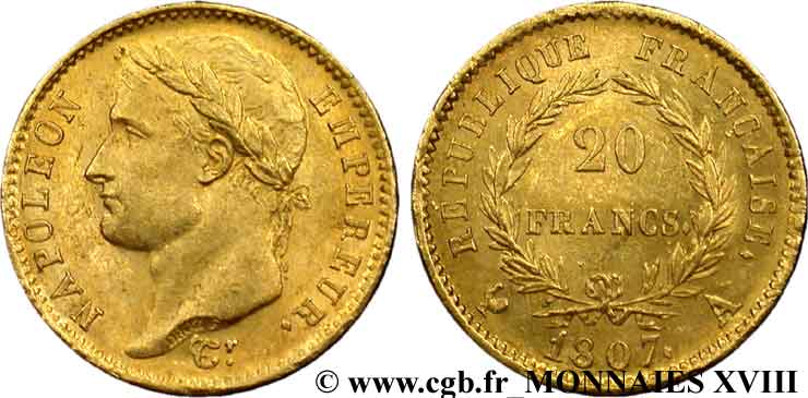 20 francs Napoléon tête laurée, République française 1807 Paris F.515/1 AU 
