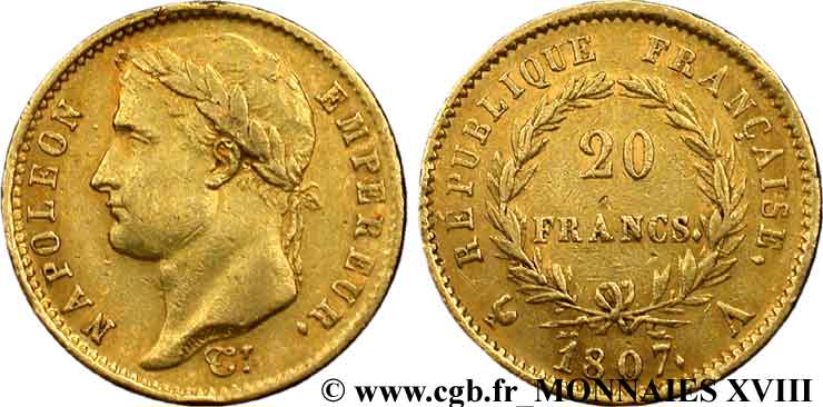 20 francs Napoléon tête laurée, République française 1807 Paris F.515/1 MBC 