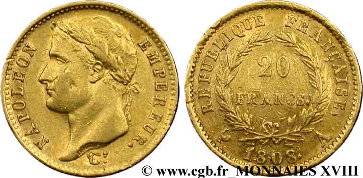20 francs Napoléon tête laurée, République française 1808 Paris F.515/2 MBC 