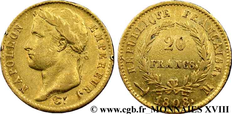 20 francs Napoléon tête laurée, République française 1808 Toulouse F.515/4 MBC 