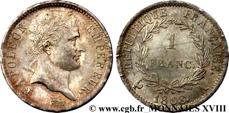 1 franc Napoléon Ier tête laurée, République française 1808 Paris F.204/2 fST 