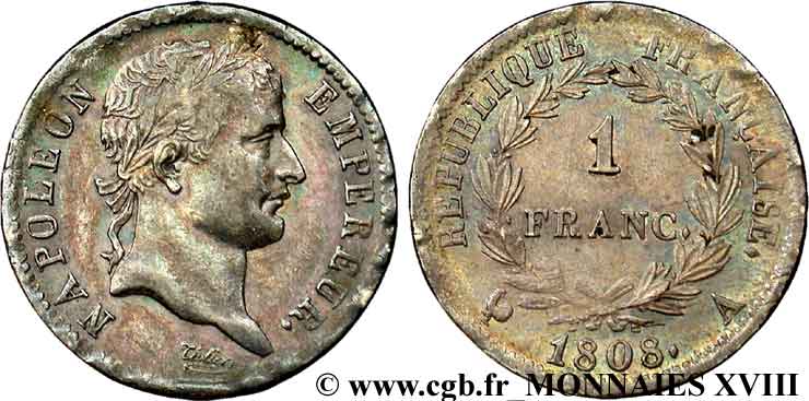 1 franc Napoléon Ier tête laurée, République française 1808 Paris F.204/2 VZ 