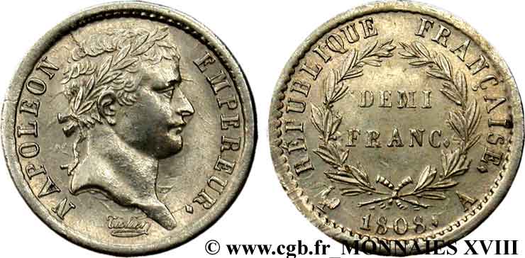 Demi-franc Napoléon Ier tête laurée, République française 1808 Paris F.177/2 AU 