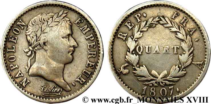 Quart de franc Napoléon tête laurée, République française 1807 Paris F.161/1 S 