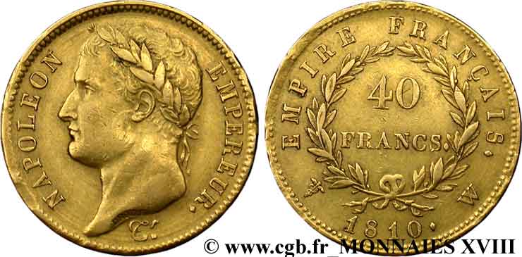 40 francs or Napoléon tête laurée, Empire français 1810 Lille F.541/5 XF 