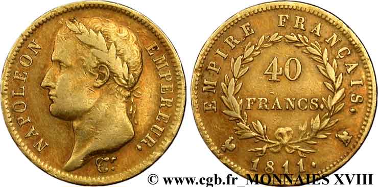 40 francs or Napoléon tête laurée, Empire français, A sur Coq 1811 Paris F.541/7 BC 