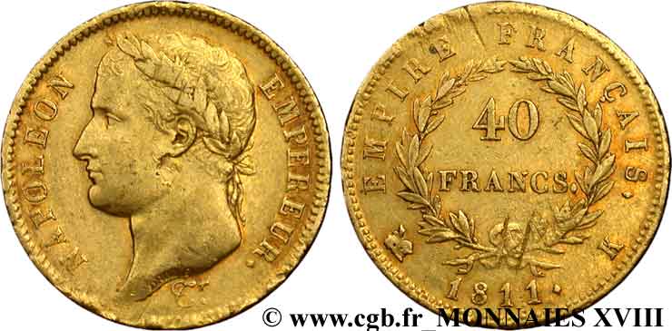 40 francs or Napoléon tête laurée, Empire français 1811 Bordeaux F.541/8 BB 
