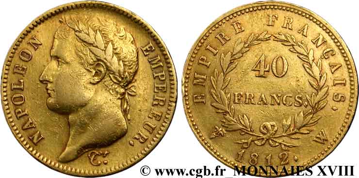 40 francs or Napoléon tête laurée, Empire français 1812 Lille F.541/10 SS 