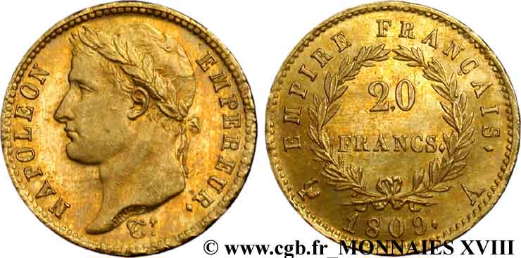 20 francs or Napoléon, tête laurée, Empire français 1809 Paris F.516/1 MS 