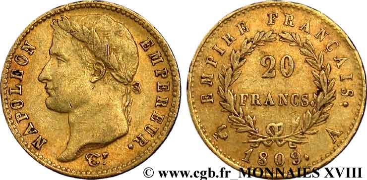 20 francs or Napoléon, tête laurée, Empire français 1809 Paris F.516/1 BB 