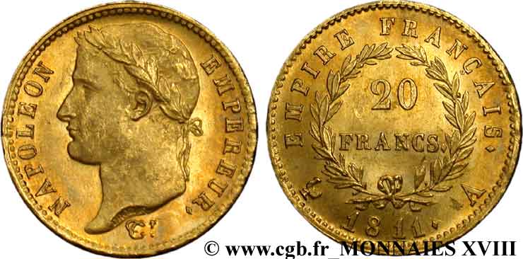 20 francs or Napoléon, tête laurée, Empire français 1811 Paris F.516/16 fST 
