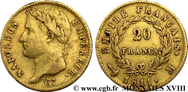 20 francs or Napoléon, tête laurée, Empire français 1811 Toulouse F.516/19 TB 