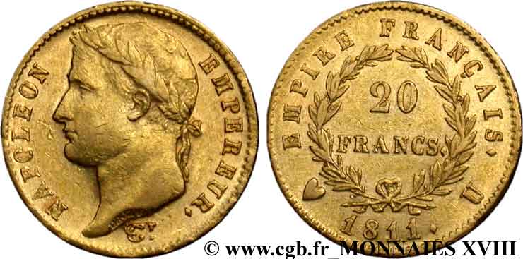 20 francs or Napoléon, tête laurée, Empire français 1811 Turin F.516/20 SS 