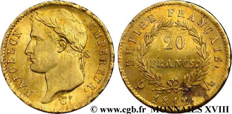 20 francs or Napoléon, tête laurée, Empire français 1812 Paris F.516/22 fST 