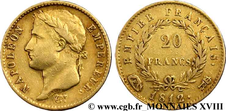 20 francs or Napoléon tête laurée, Empire français 1812 Rome F.516/27 XF 