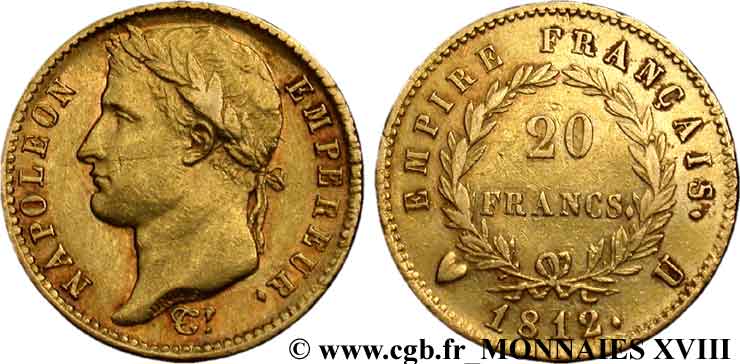 20 francs or Napoléon tête laurée, Empire français 1812 Turin F.516/28 MBC 