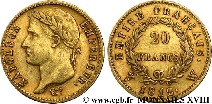 20 francs or Napoléon, tête laurée, Empire français 1812 Lille F.516/29 TTB 