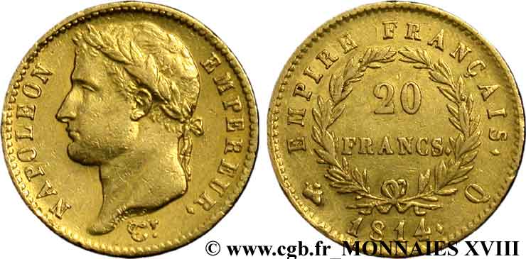 20 francs or Napoléon tête laurée, Empire français 1814 Perpignan F.516/41 XF 