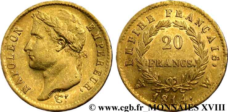 20 francs or Napoléon, tête laurée, Empire français 1814 Lille F.516/42 XF 