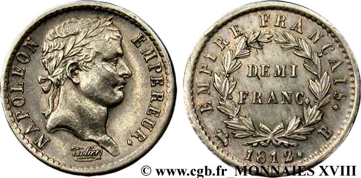 Demi-franc Napoléon Ier tête laurée, Empire français 1812 Rouen F.178/36 VZ 