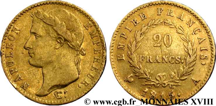 20 francs or Napoléon, tête laurée, Empire français 1815 Paris F.516A/1 BB 