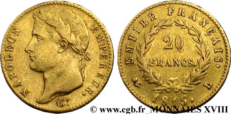 20 francs or Napoléon, tête laurée, Empire français 1815 Bayonne F.516A/2 BC 
