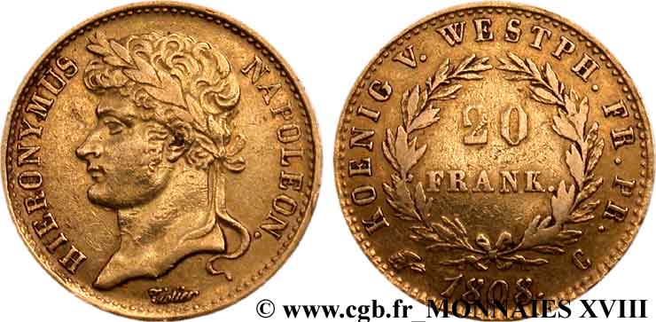 GERMANY - KINGDOM OF WESTPHALIA - JÉRÔME NAPOLÉON 20 franken or 1808 Cassel BB 