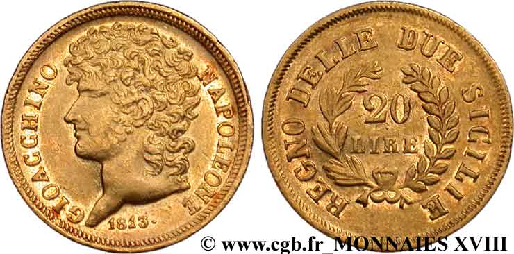 20 lires en or, branches courtes 1813 Naples VG.2253  EBC 