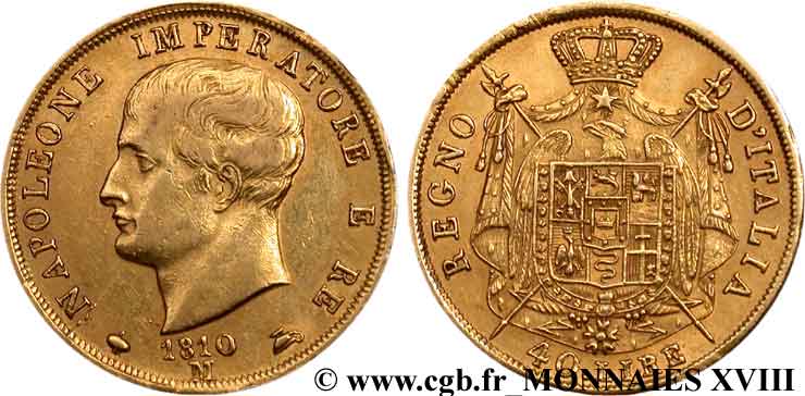 40 lires en or, 2e type, tranche en creux 1810 Milan VG.1345  MBC 