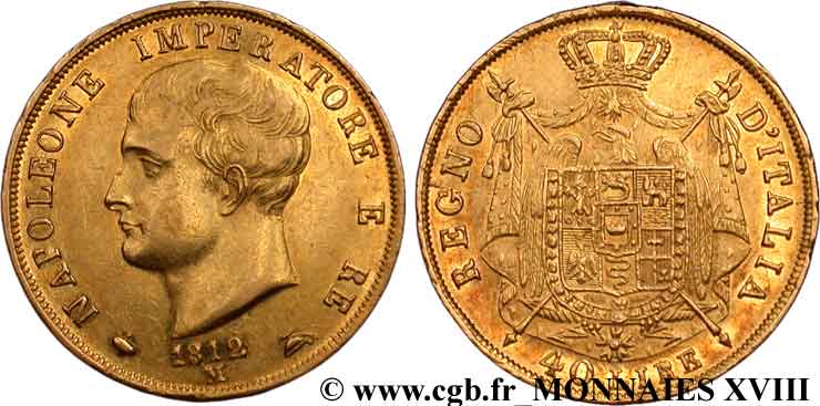 40 lires en or, 2e type, tranche en creux 1812 Milan VG.1370  BB 