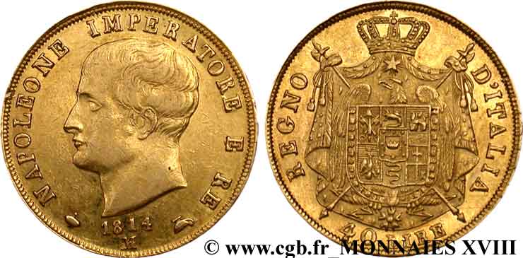 40 lires en or, 2e type, tranche en creux 1814/09 Milan VG.1394  TTB 