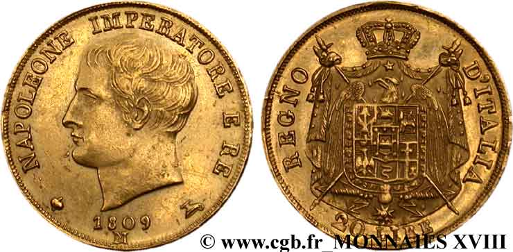 20 lires en or 1809 Milan VG.1333  MBC 