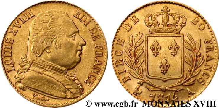 20 francs or Louis XVIII, buste habillé 1814 Paris F.517/1 TTB 