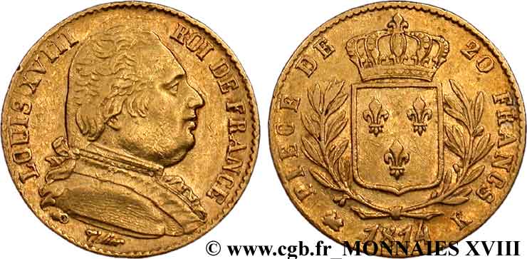 20 francs or Louis XVIII, buste habillé 1814 Bordeaux F.517/3 TTB 