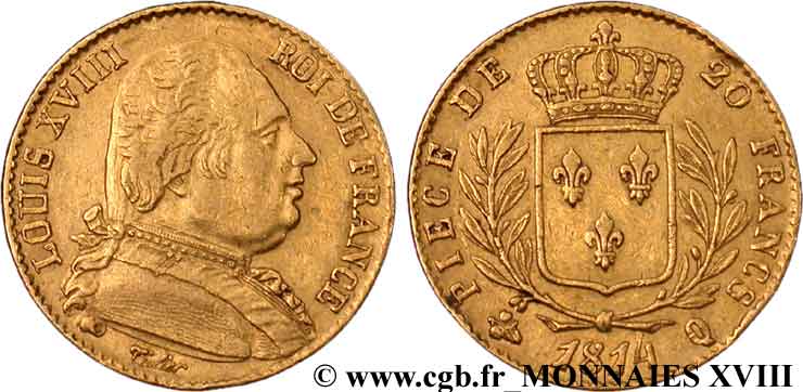 20 francs or Louis XVIII, buste habillé 1814 Perpignan F.517/7 SS 