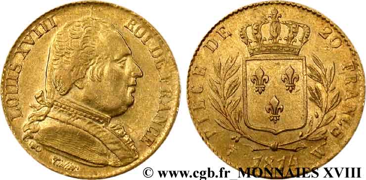 20 francs or Louis XVIII, buste habillé 1814 Lille F.517/9 XF 