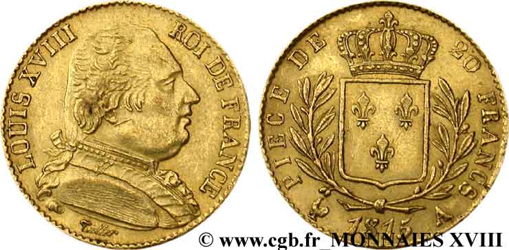 20 francs or Louis XVIII, buste habillé 1815 Paris F.517/10 XF 